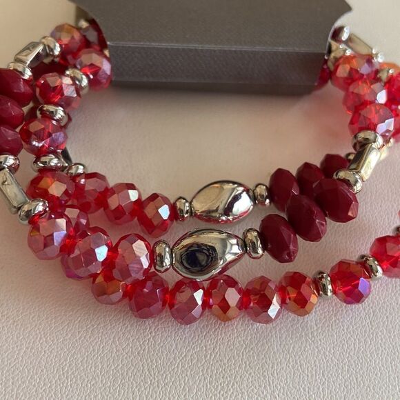 Daisy Fuentes Elastic 3 bracelets Beads red and silver color NWT - Picture 5 of 5